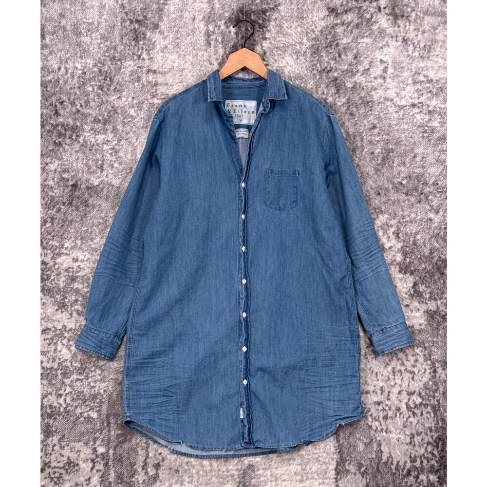 Frank & Eileen Mary Shirt Dress Medium Womens Blue Italian Denim Distress Hem